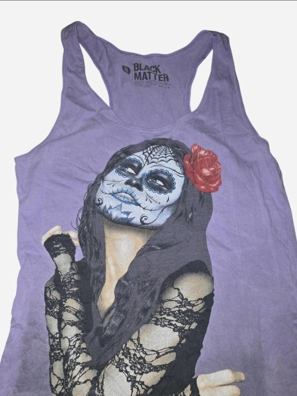 Black Matter Lavender Tank with Day of the Dead Graphic and Red Rose